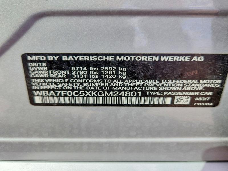 48562936 :رقم المزاد ، WBA7F0C5XKGM24801 vin ، 2019 Bmw 750 مزاد بيع