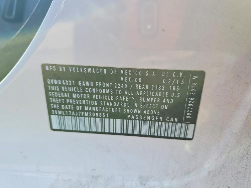 50065356 :رقم المزاد ، 3VWL17AJ7FM309851 vin ، 2015 Volkswagen Jetta مزاد بيع
