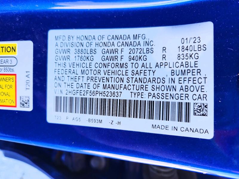 2023 Honda Civic მანქანა იყიდება აუქციონზე, vin: 2HGFE2F56PH523637, აუქციონის ნომერი: 48650956