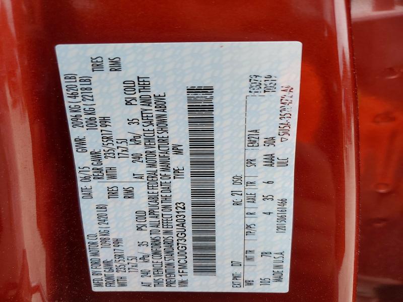 50816126 :رقم المزاد ، 1FMCU0G73GUA03123 vin ، 2016 Ford Escape مزاد بيع