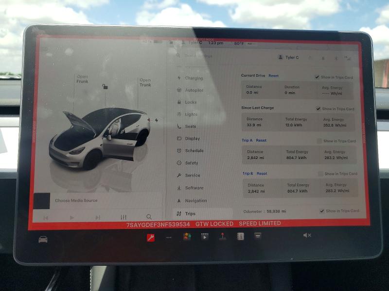 49133746 :رقم المزاد ، 7SAYGDEF3NF539534 vin ، 2022 Tesla Model Y مزاد بيع