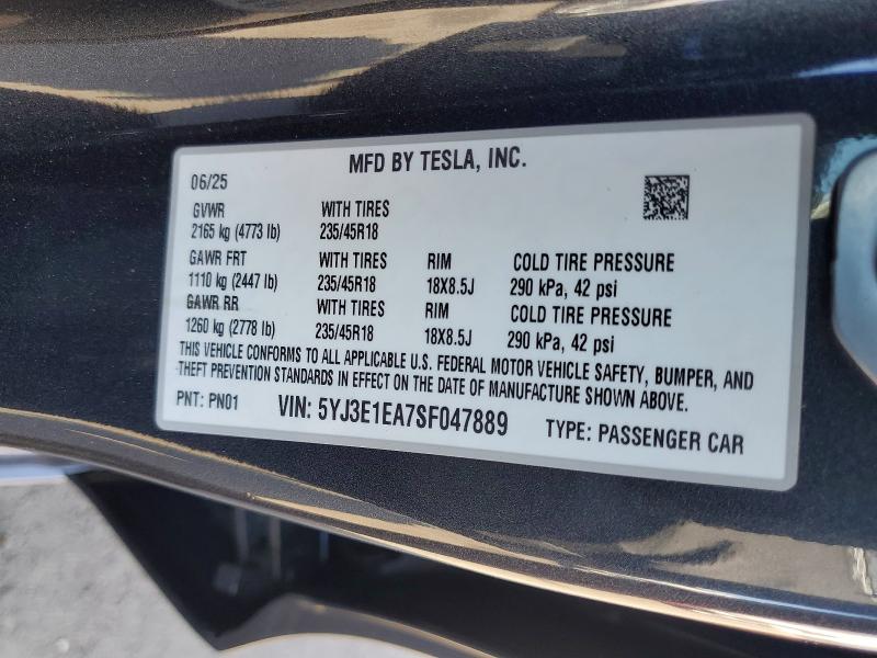 Продажа на аукционе авто 2025 Tesla Model 3, vin: 5YJ3E1EA7SF047889, номер лота: 50492416