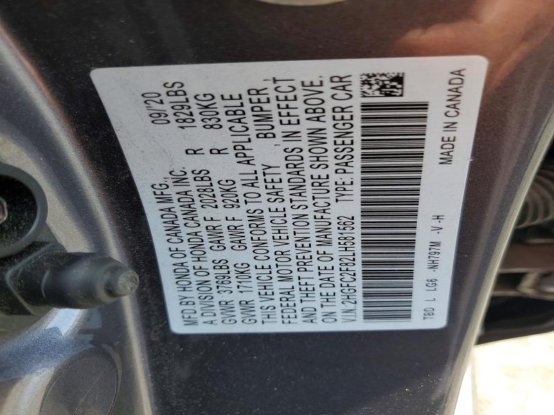 2020 Honda Civic მანქანა იყიდება აუქციონზე, vin: 2HGFC2F82LH581562, აუქციონის ნომერი: 50254856