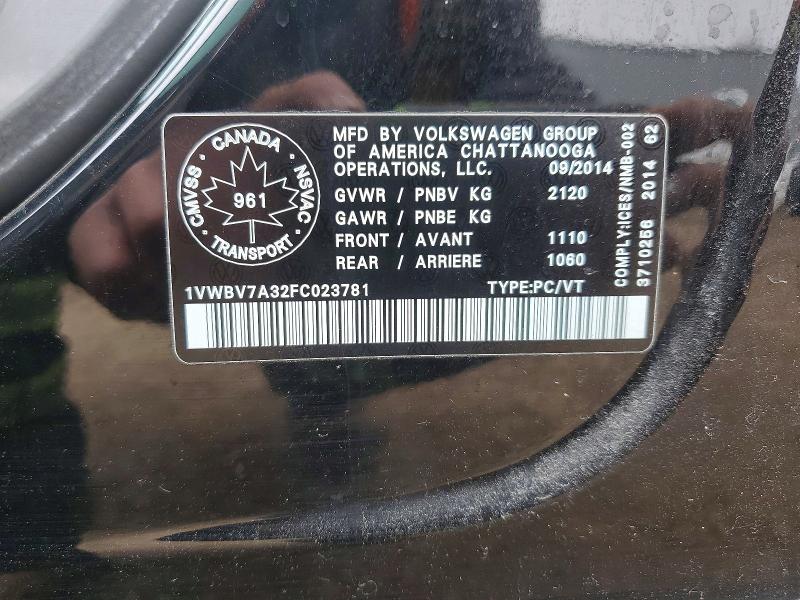 2015 Volkswagen Passat მანქანა იყიდება აუქციონზე, vin: 1VWBV7A32FC023781, აუქციონის ნომერი: 51468956