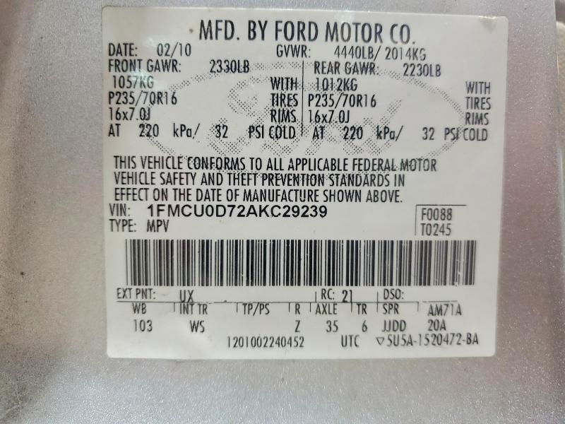 50676426 :رقم المزاد ، 1FMCU0D72AKC29239 vin ، 2010 Ford Escape مزاد بيع