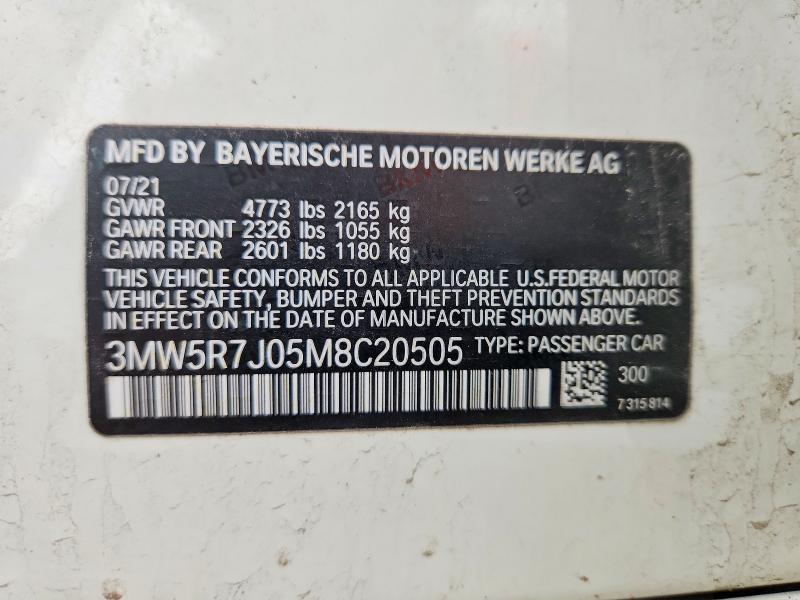 Aukcja sprzedaży 2021 Bmw 330xi, vin: 3MW5R7J05M8C20505, numer aukcji: 51513576