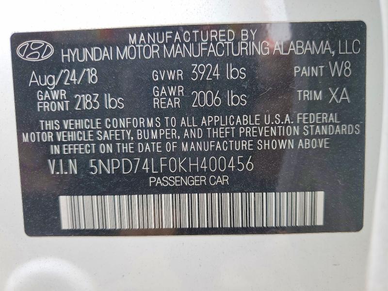 2019 Hyundai Elantra მანქანა იყიდება აუქციონზე, vin: 5NPD74LF0KH400456, აუქციონის ნომერი: 48298366