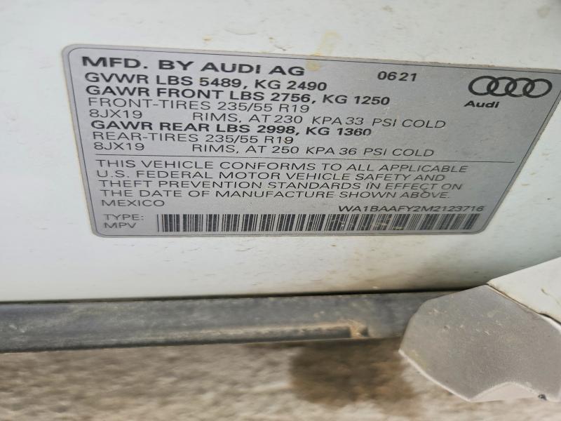 2021 Audi Q5 მანქანა იყიდება აუქციონზე, vin: WA1BAAFY2M2123716, აუქციონის ნომერი: 50963496