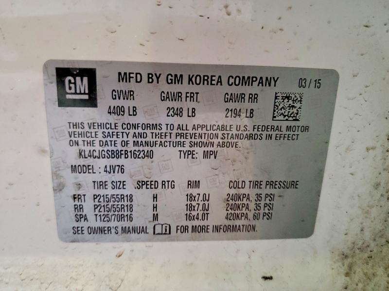 2015 Buick Encore მანქანა იყიდება აუქციონზე, vin: KL4CJGSB8FB162340, აუქციონის ნომერი: 49195356