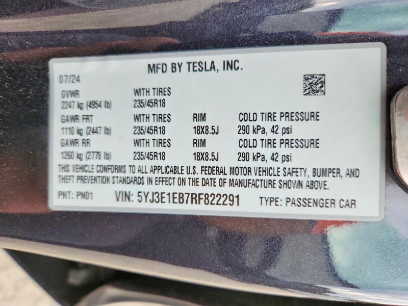 Aukcja sprzedaży 2024 Tesla Model 3, vin: 5YJ3E1EB7RF822291, numer aukcji: 50649826