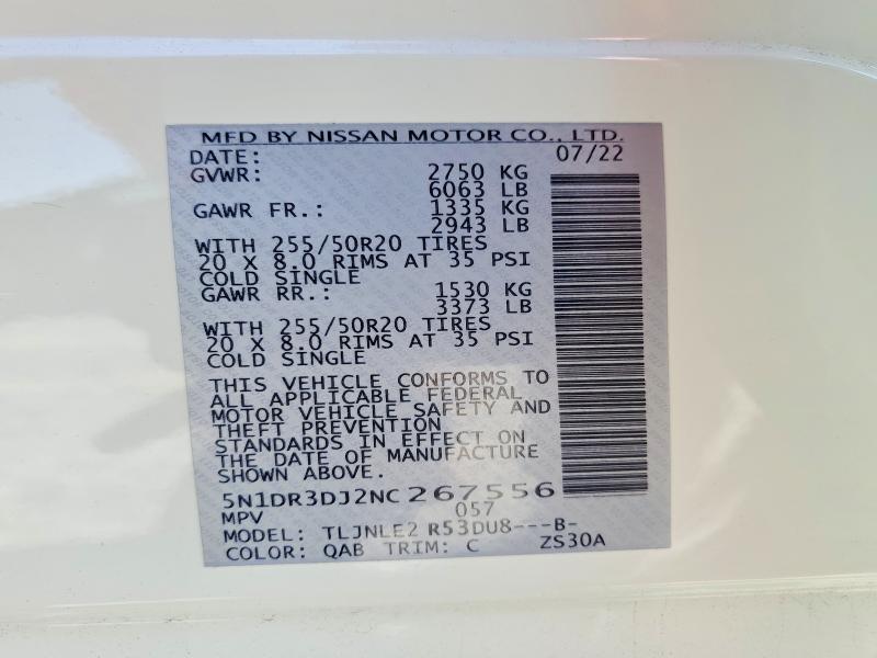 Aukcja sprzedaży 2022 Nissan Pathfinder, vin: 5N1DR3DJ2NC267556, numer aukcji: 51192066