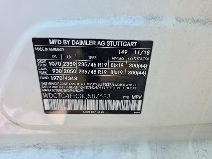 2019 Mercedes-benz Gla მანქანა იყიდება აუქციონზე, vin: WDCTG4EB3KJ587683, აუქციონის ნომერი: 51899026
