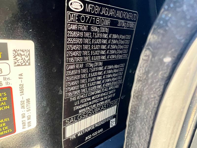 49586256 :رقم المزاد ، SALGS2SV8KA517596 vin ، 2019 Land Rover Range Rover مزاد بيع