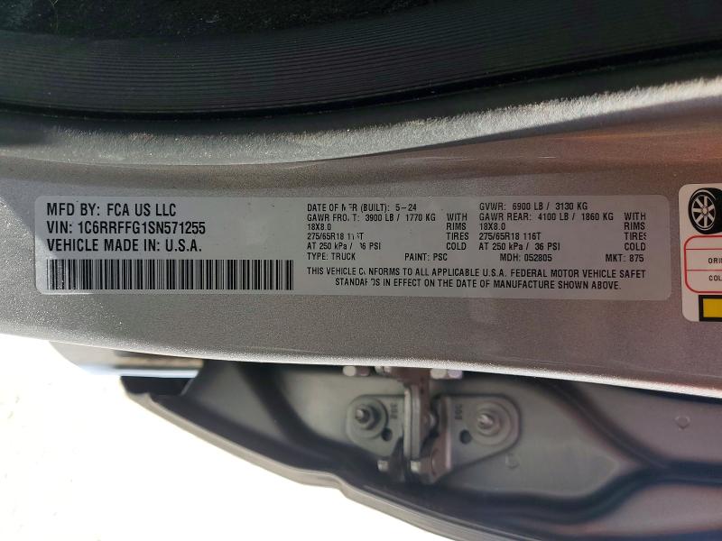 2025 Ram 1500 მანქანა იყიდება აუქციონზე, vin: 1C6RRFFG1SN571255, აუქციონის ნომერი: 48225676