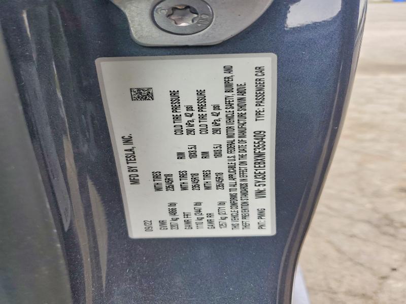 51658096 :رقم المزاد ، 5YJ3E1EBXNF355409 vin ، 2022 Tesla Model 3 مزاد بيع