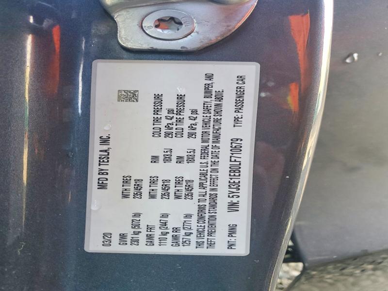 2020 Tesla Model 3 მანქანა იყიდება აუქციონზე, vin: 5YJ3E1EB0LF710679, აუქციონის ნომერი: 50145466