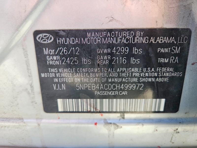 Продаж на аукціоні авто 2012 Hyundai Sonata, vin: 5NPEB4AC0CH499972, номер лоту: 50776016
