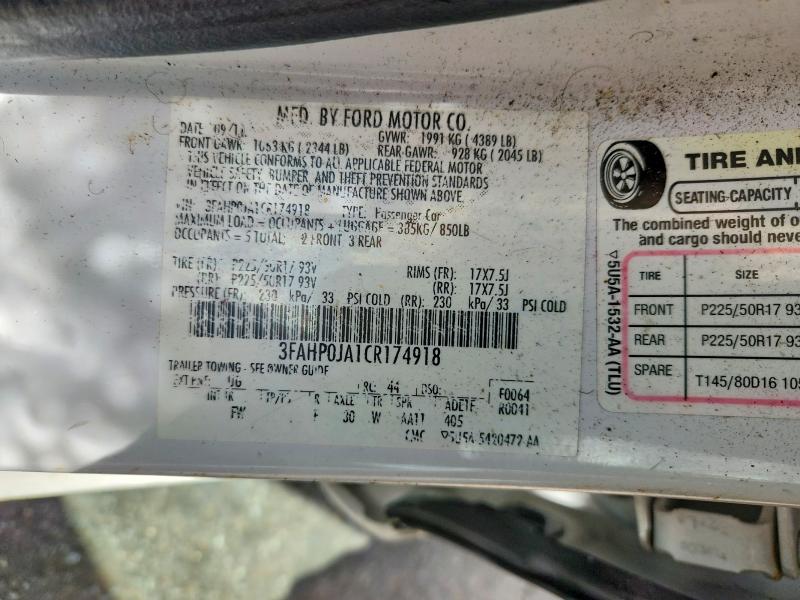2012 Ford Fusion მანქანა იყიდება აუქციონზე, vin: 3FAHP0JA1CR174918, აუქციონის ნომერი: 51305446