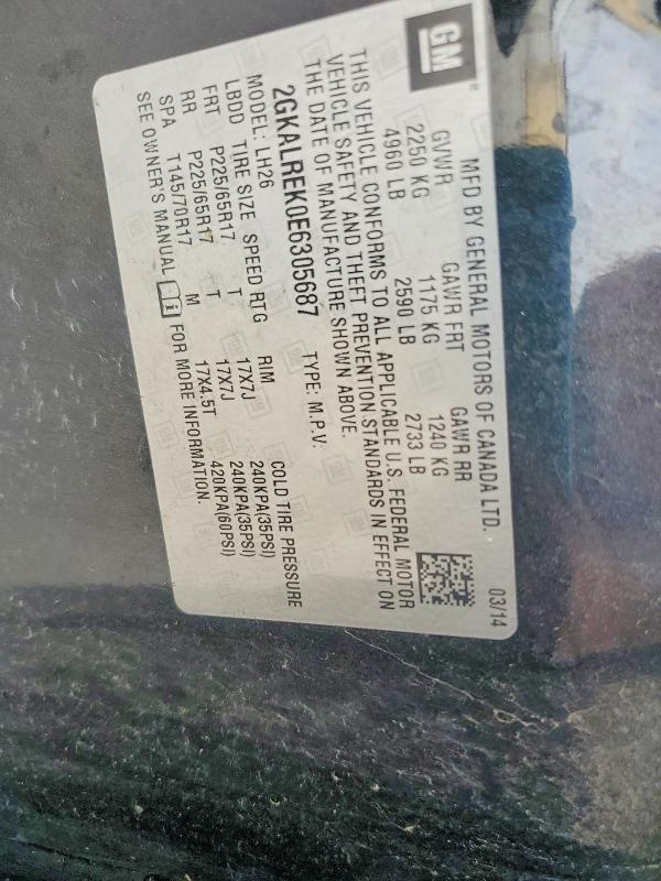 Aukcja sprzedaży 2014 Gmc Terrain, vin: 2GKALREK0E6305687, numer aukcji: 50109706