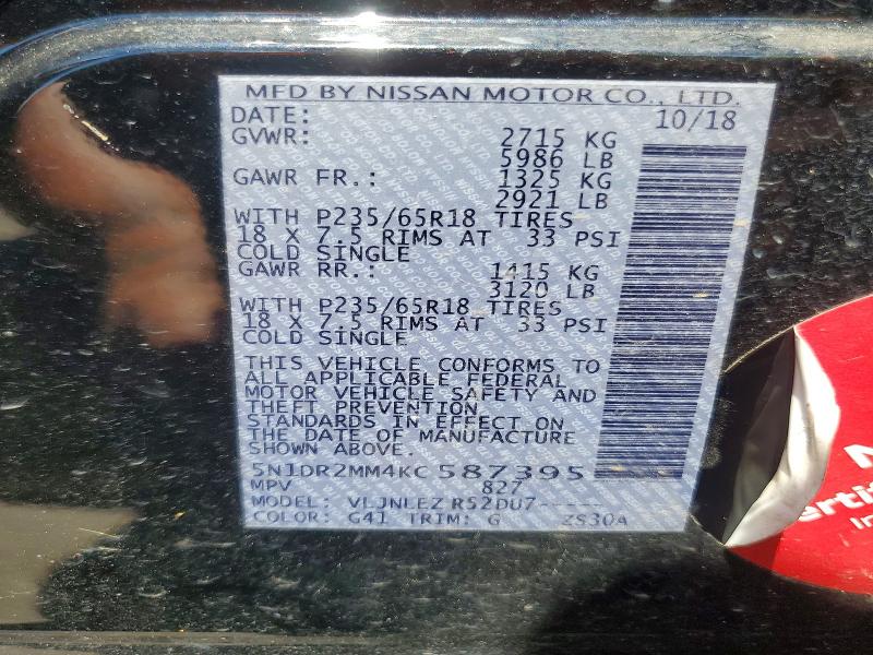 2019 Nissan Pathfinder მანქანა იყიდება აუქციონზე, vin: 5N1DR2MM4KC587395, აუქციონის ნომერი: 48732956