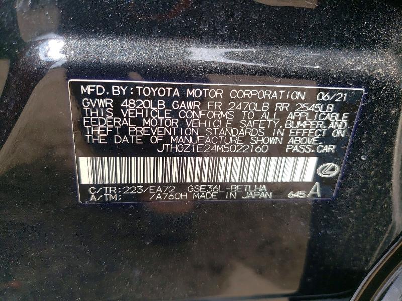 49628416 :رقم المزاد ، JTHGZ1E24M5022160 vin ، 2021 Lexus Is 350 مزاد بيع