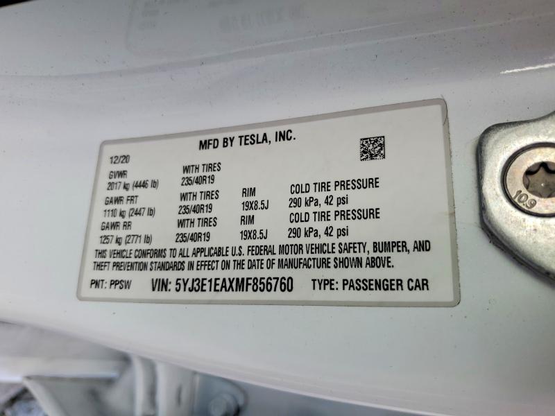Aukcja sprzedaży 2021 Tesla Model 3, vin: 5YJ3E1EAXMF856760, numer aukcji: 49012856