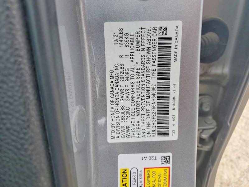 Aukcja sprzedaży 2022 Honda Civic, vin: 2HGFE2F56NH540662, numer aukcji: 47822096
