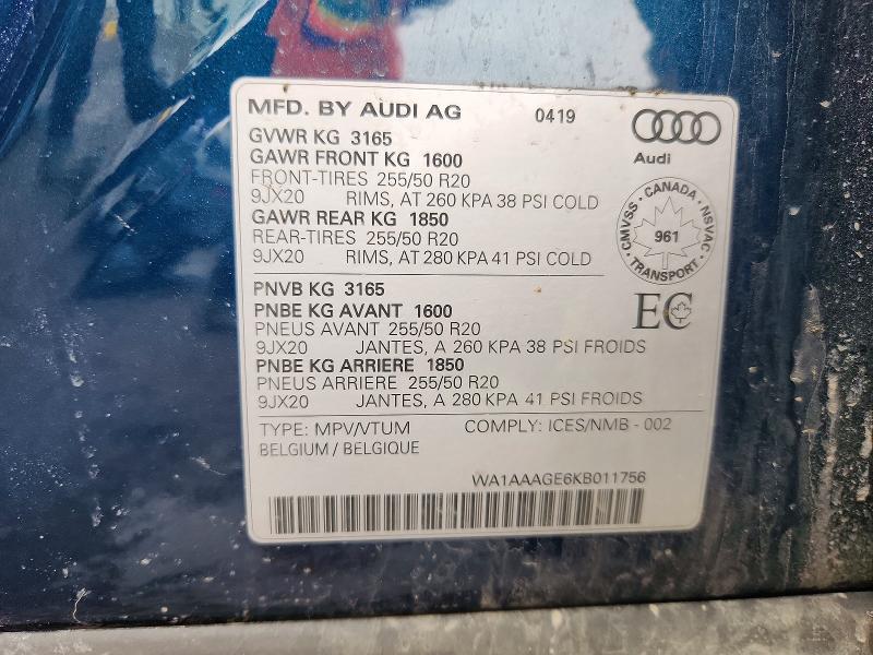 48667986 :رقم المزاد ، WA1AAAGE6KB011756 vin ، 2019 Audi E-tron مزاد بيع