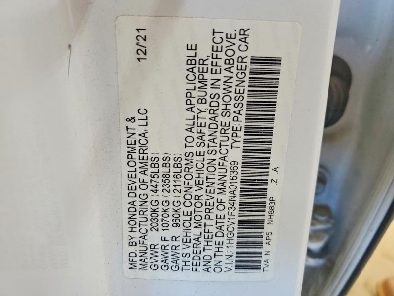 2022 Honda Accord მანქანა იყიდება აუქციონზე, vin: 1HGCV1F34NA016369, აუქციონის ნომერი: 51243076
