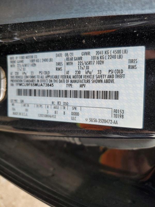 2021 Ford Escape მანქანა იყიდება აუქციონზე, vin: 1FMCU9F65MUA73845, აუქციონის ნომერი: 49868706
