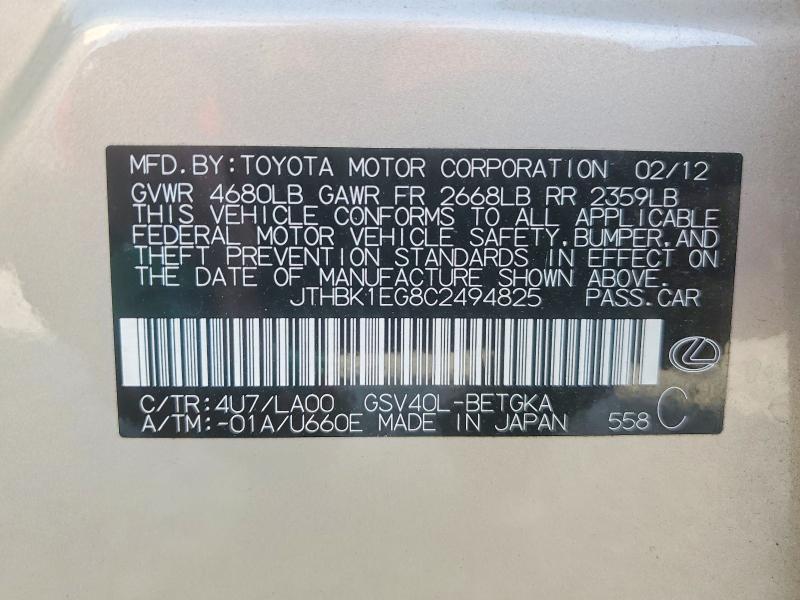 Aukcja sprzedaży 2012 Lexus Es, vin: JTHBK1EG8C2494825, numer aukcji: 49856616