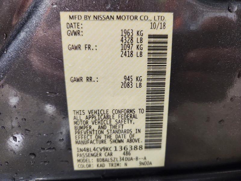 51487096 :رقم المزاد ، 1N4BL4CV9KC136388 vin ، 2019 Nissan Altima مزاد بيع