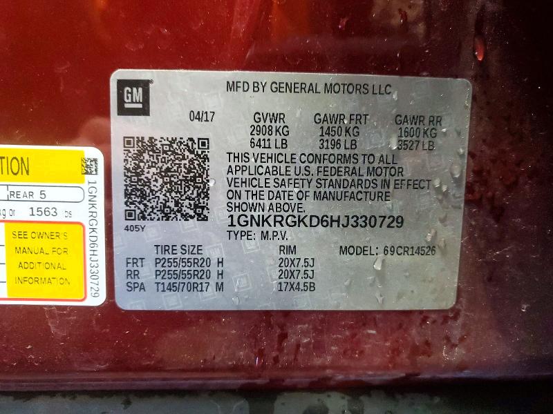 50622196 :رقم المزاد ، 1GNKRGKD6HJ330729 vin ، 2017 Chevrolet Traverse مزاد بيع