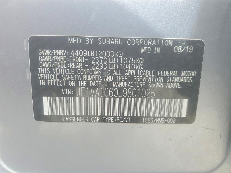 50195946 :رقم المزاد ، JF1VA1C60L9801025 vin ، 2020 Subaru Wrx مزاد بيع