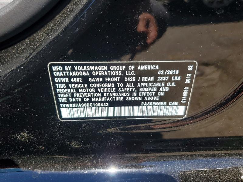 2013 Volkswagen Passat მანქანა იყიდება აუქციონზე, vin: 1VWBN7A38DC100442, აუქციონის ნომერი: 49807016
