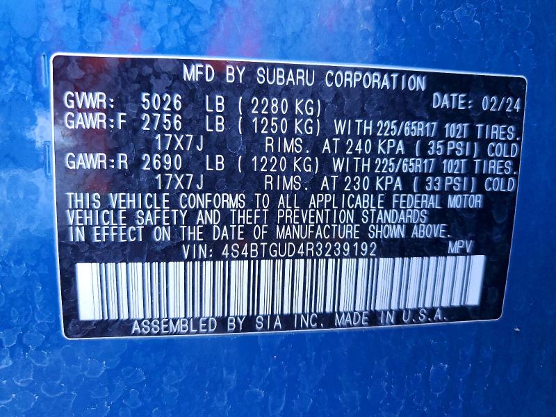 48255656 :رقم المزاد ، 4S4BTGUD4R3239192 vin ، 2024 Subaru Outback مزاد بيع