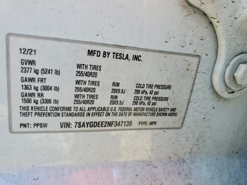 2022 Tesla Model Y მანქანა იყიდება აუქციონზე, vin: 7SAYGDEE2NF347139, აუქციონის ნომერი: 48691966