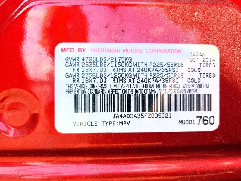 2015 Mitsubishi Outlander მანქანა იყიდება აუქციონზე, vin: JA4AD3A35FZ009021, აუქციონის ნომერი: 50899206