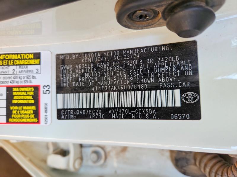 48586846 :رقم المزاد ، 4T1T31AK4RU078180 vin ، 2024 Toyota Camry Hybrid مزاد بيع