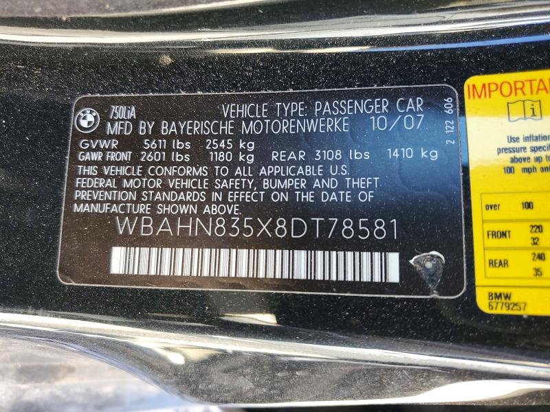 Aukcja sprzedaży 2008 Bmw 750, vin: WBAHN835X8DT78581, numer aukcji: 50684176
