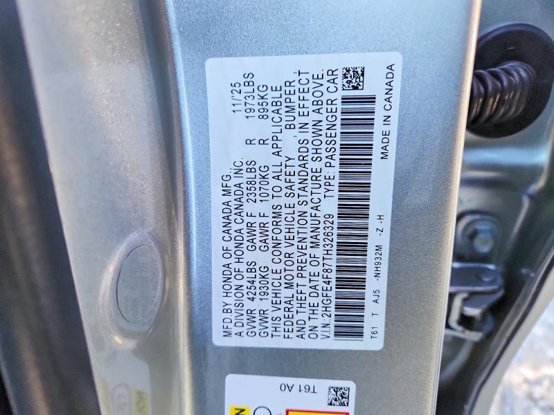 2026 Honda Civic მანქანა იყიდება აუქციონზე, vin: 2HGFE4F87TH326329, აუქციონის ნომერი: 48783196