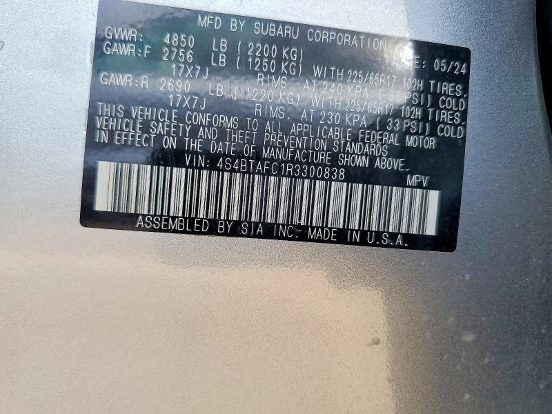 2024 Subaru Outback მანქანა იყიდება აუქციონზე, vin: 4S4BTAFC1R3300838, აუქციონის ნომერი: 50162776
