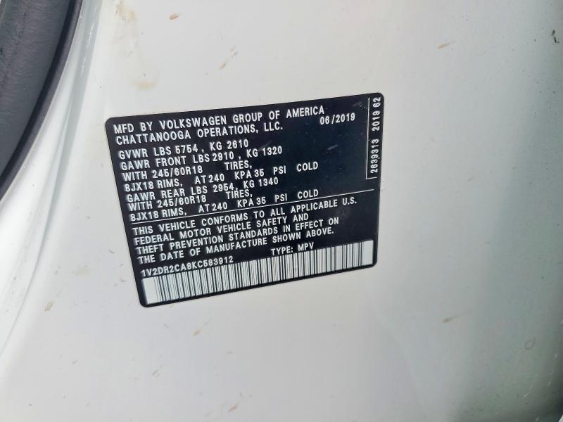 51562686 :رقم المزاد ، 1V2DR2CA8KC583912 vin ، 2019 Volkswagen Atlas مزاد بيع
