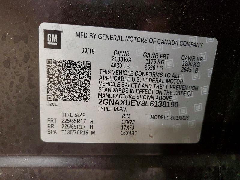 Aukcja sprzedaży 2020 Chevrolet Equinox, vin: 2GNAXUEV8L6138190, numer aukcji: 51521326
