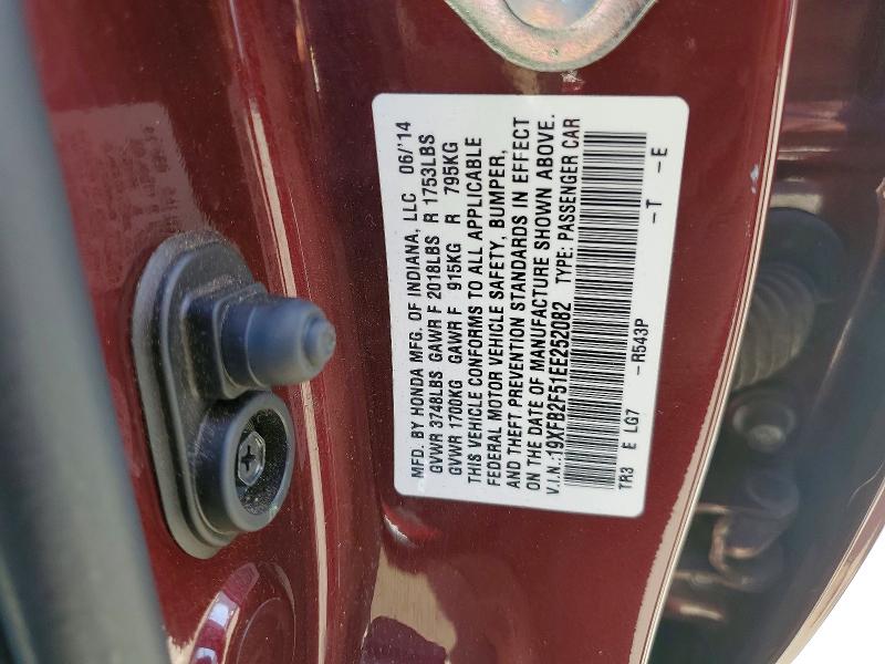 51809026 :رقم المزاد ، 19XFB2F51EE252082 vin ، 2014 Honda Civic مزاد بيع