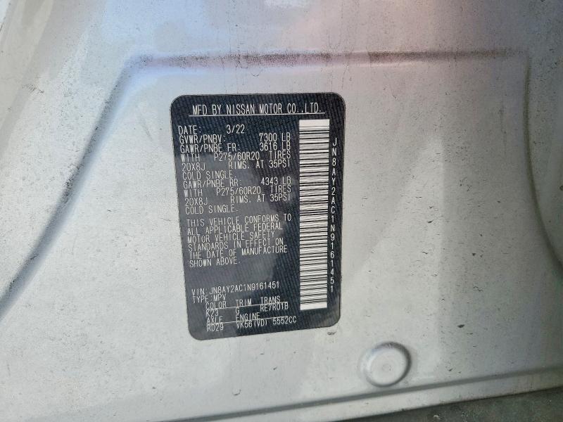 Aukcja sprzedaży 2022 Nissan Armada, vin: JN8AY2AC1N9161451, numer aukcji: 50314096