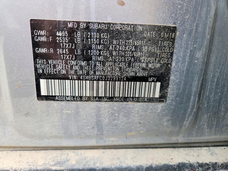 2018 Subaru Outback მანქანა იყიდება აუქციონზე, vin: 4S4BSAFC0J3299124, აუქციონის ნომერი: 49368866