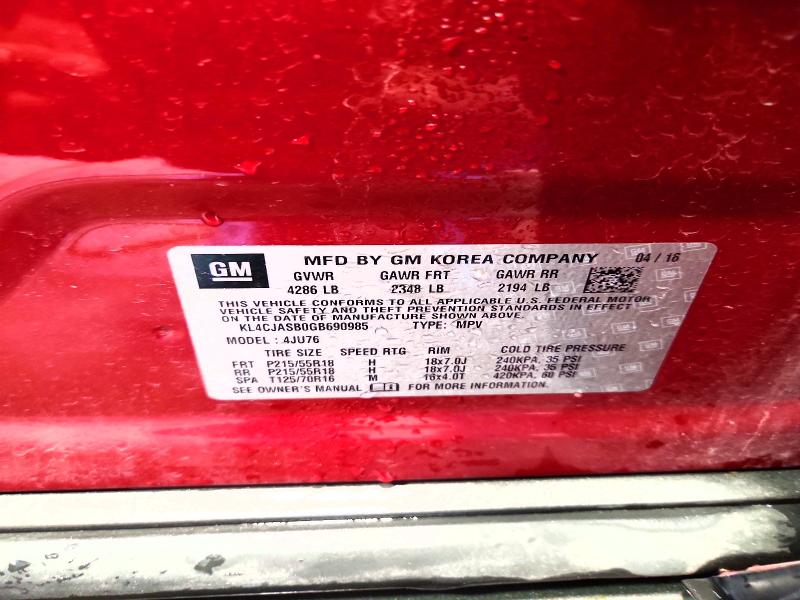 50926916 :رقم المزاد ، KL4CJASB0GB690985 vin ، 2016 Buick Encore مزاد بيع