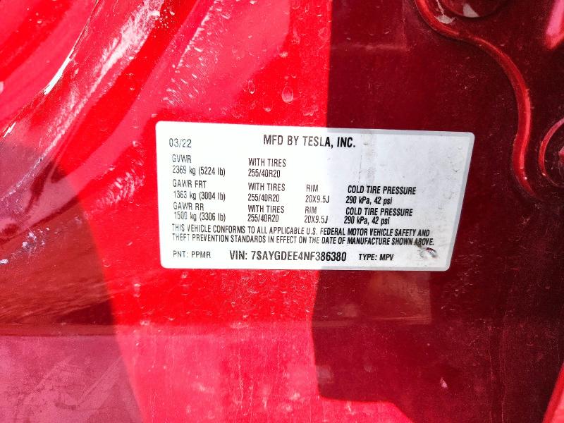 50501046 :رقم المزاد ، 7SAYGDEE4NF386380 vin ، 2022 Tesla Model Y مزاد بيع