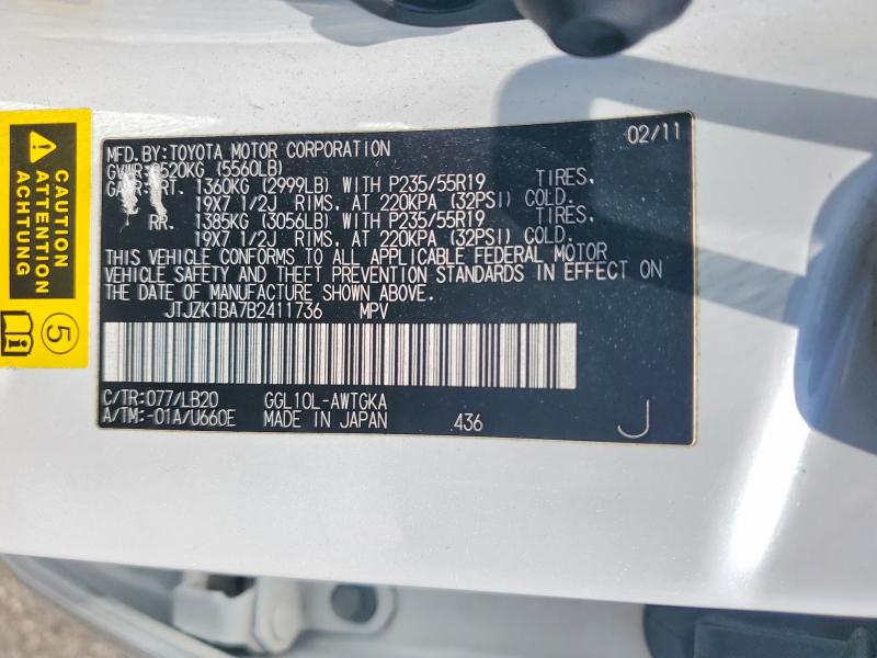 51127056 :رقم المزاد ، JTJZK1BA7B2411736 vin ، 2011 Lexus Rx مزاد بيع